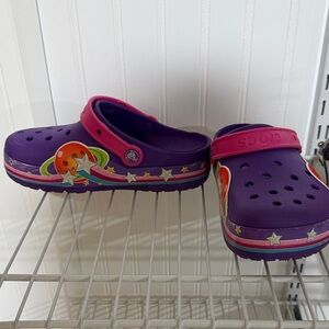 CROCS Kids Purple Clogs with Pink Strap and Rainbow Star Trim